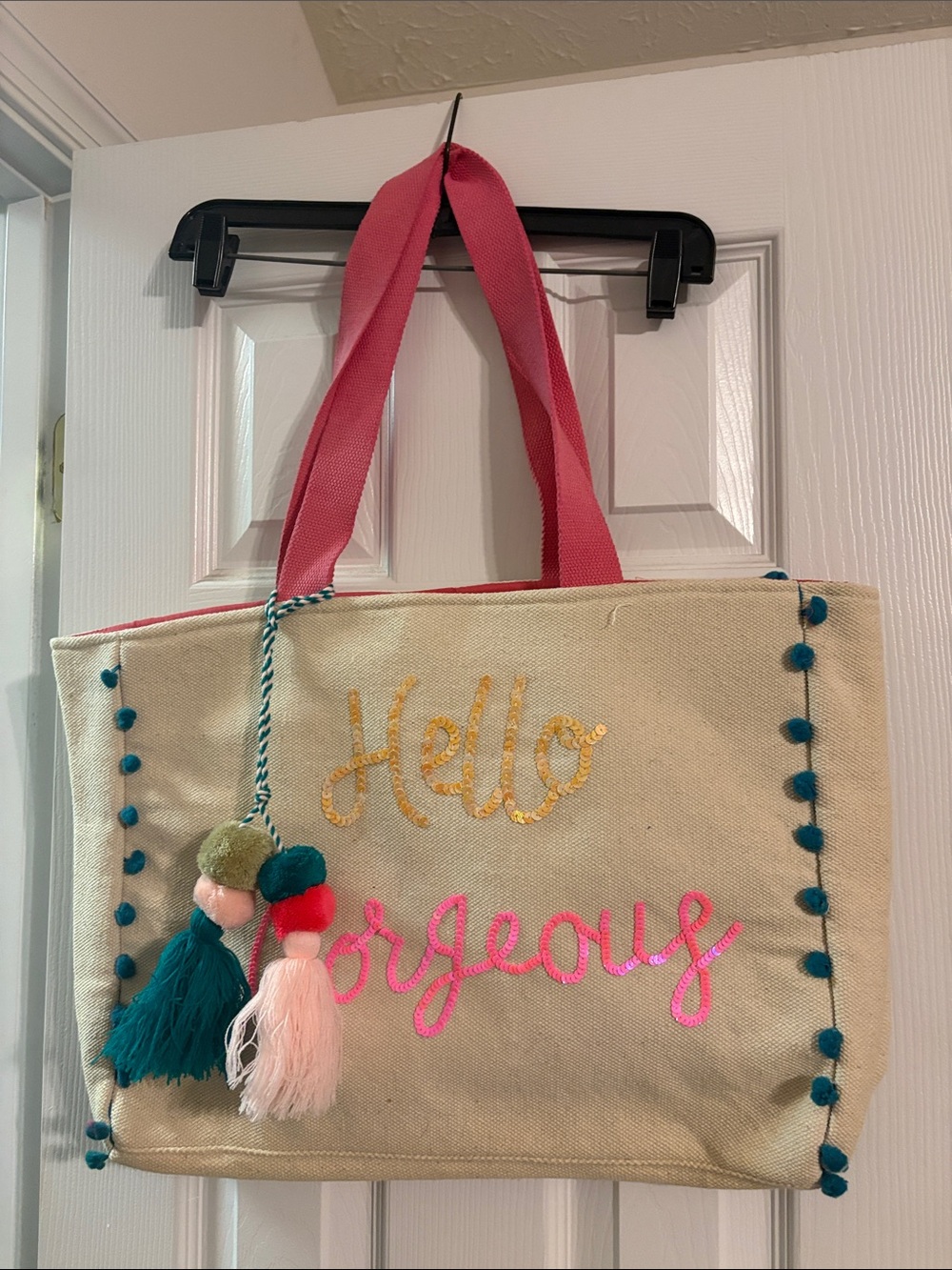 Canvas Tote with Pink Handles and Colorful Pom-Pom Accents